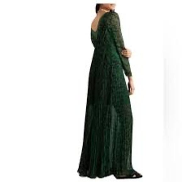 Self-Portrait Green Black Leopard Print Pleated Chiffon Maxi Dress Sz 4 Evening - Picture 2 of 9